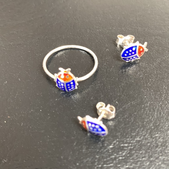 Cute sterling lady bug earring and ring set - Picture 4 of 6